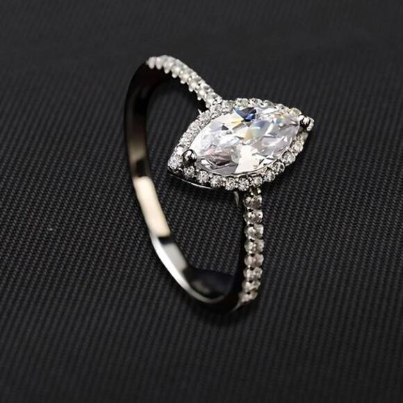 Moissanite Engagement Ring Marquise Cut Halo Pave CZ Sterling Silver 7 NWT - Picture 2 of 13